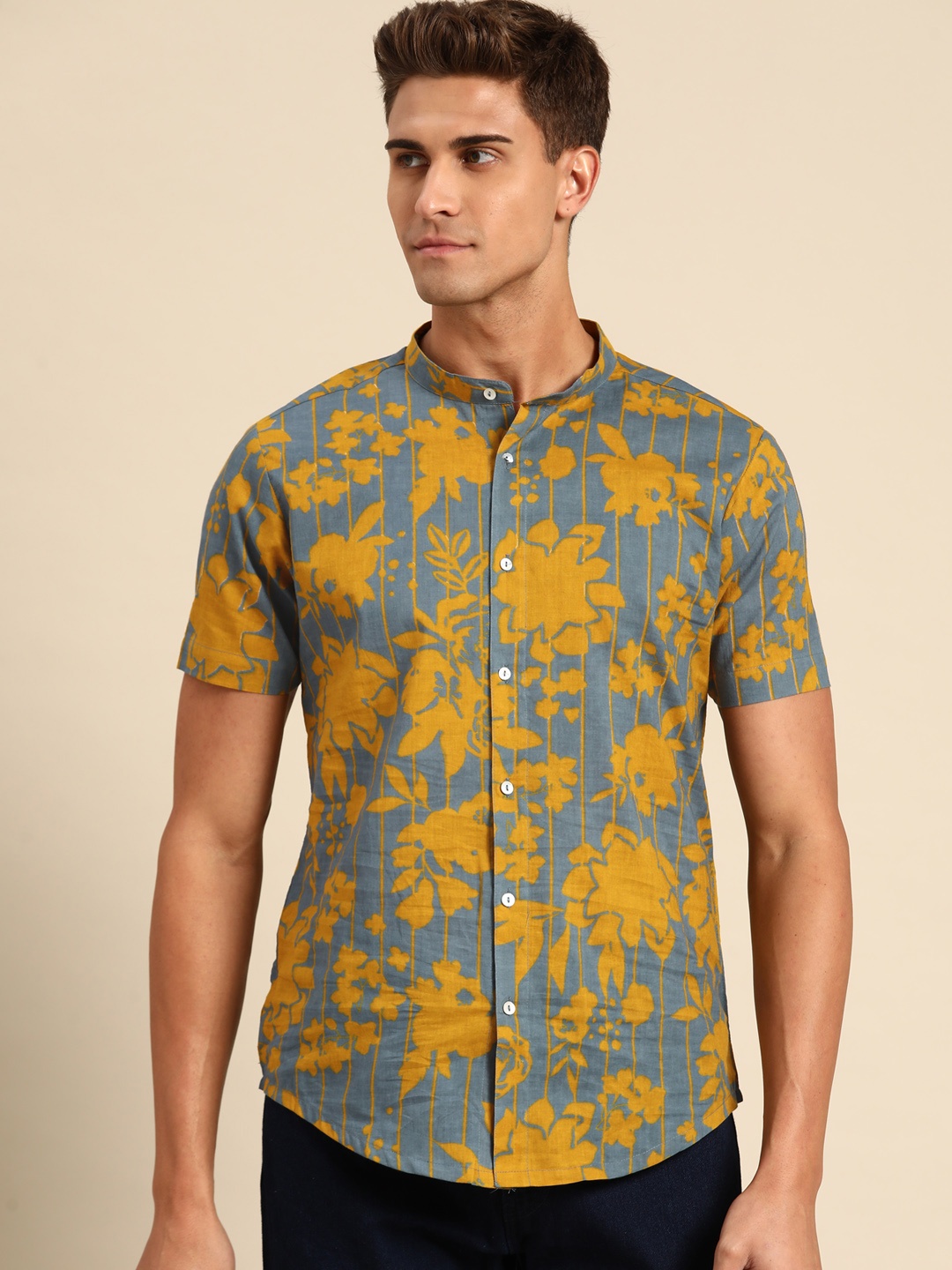 

Anouk Men Mustard Yellow & Grey Floral Printed Casual Shirt