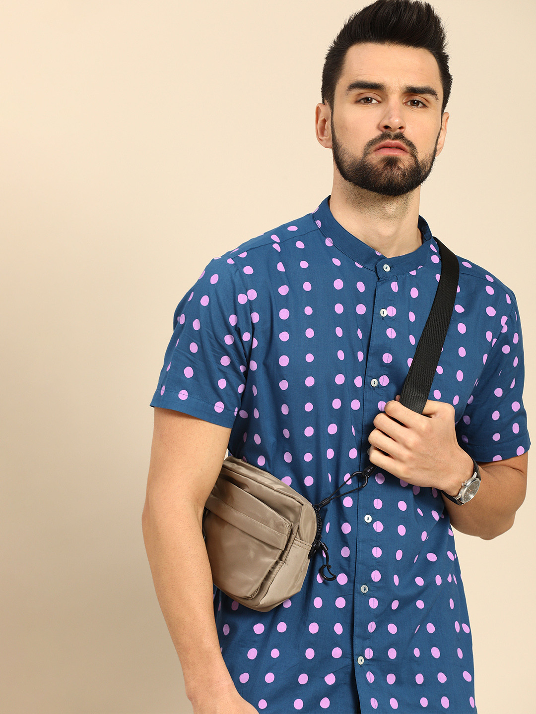 

Anouk Men Blue & Pink Polka Dots Printed Casual Pure Cotton Shirt