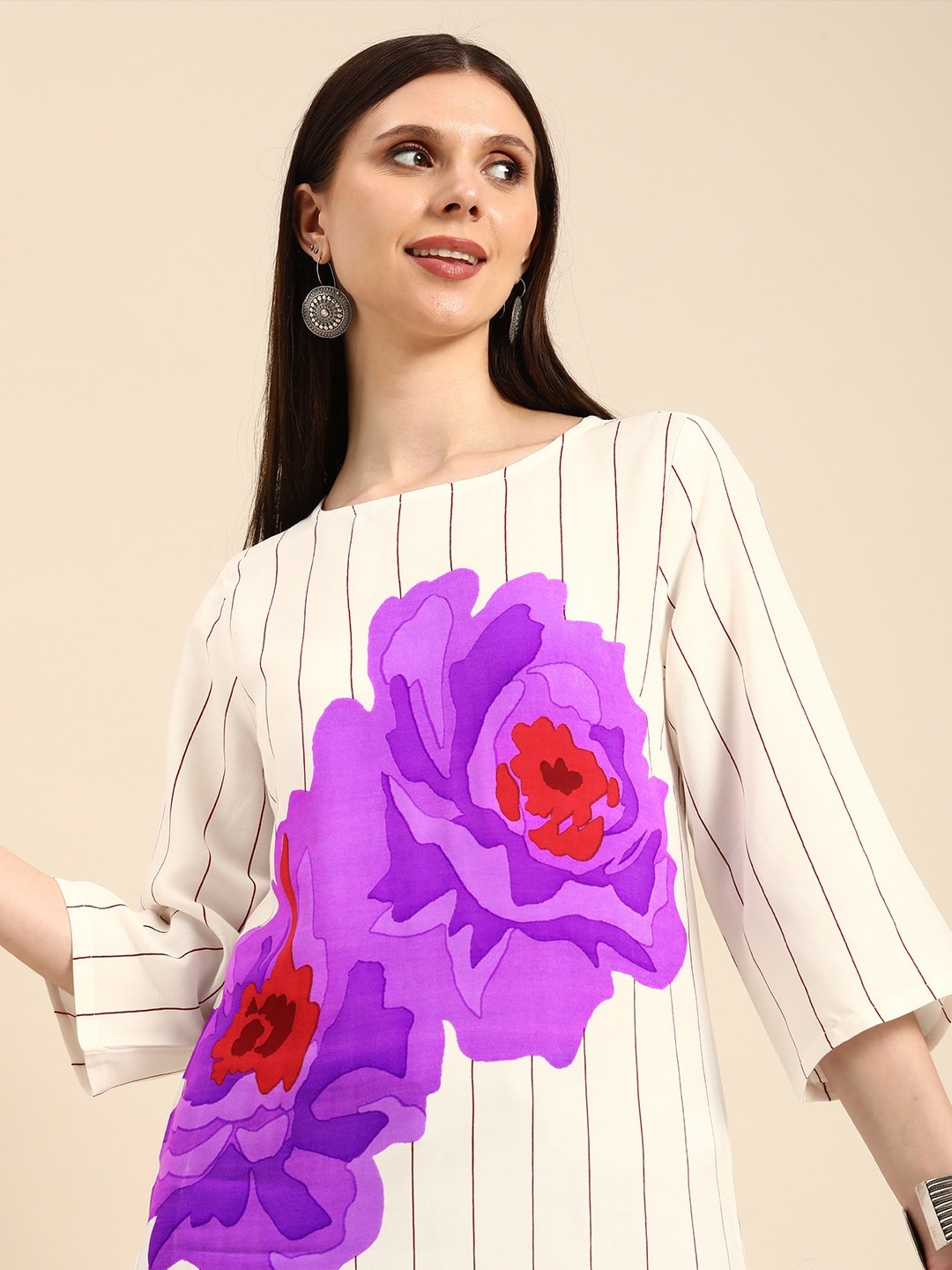 

Anouk Women White & Purple Striped And Floral Printed Straight Kurta