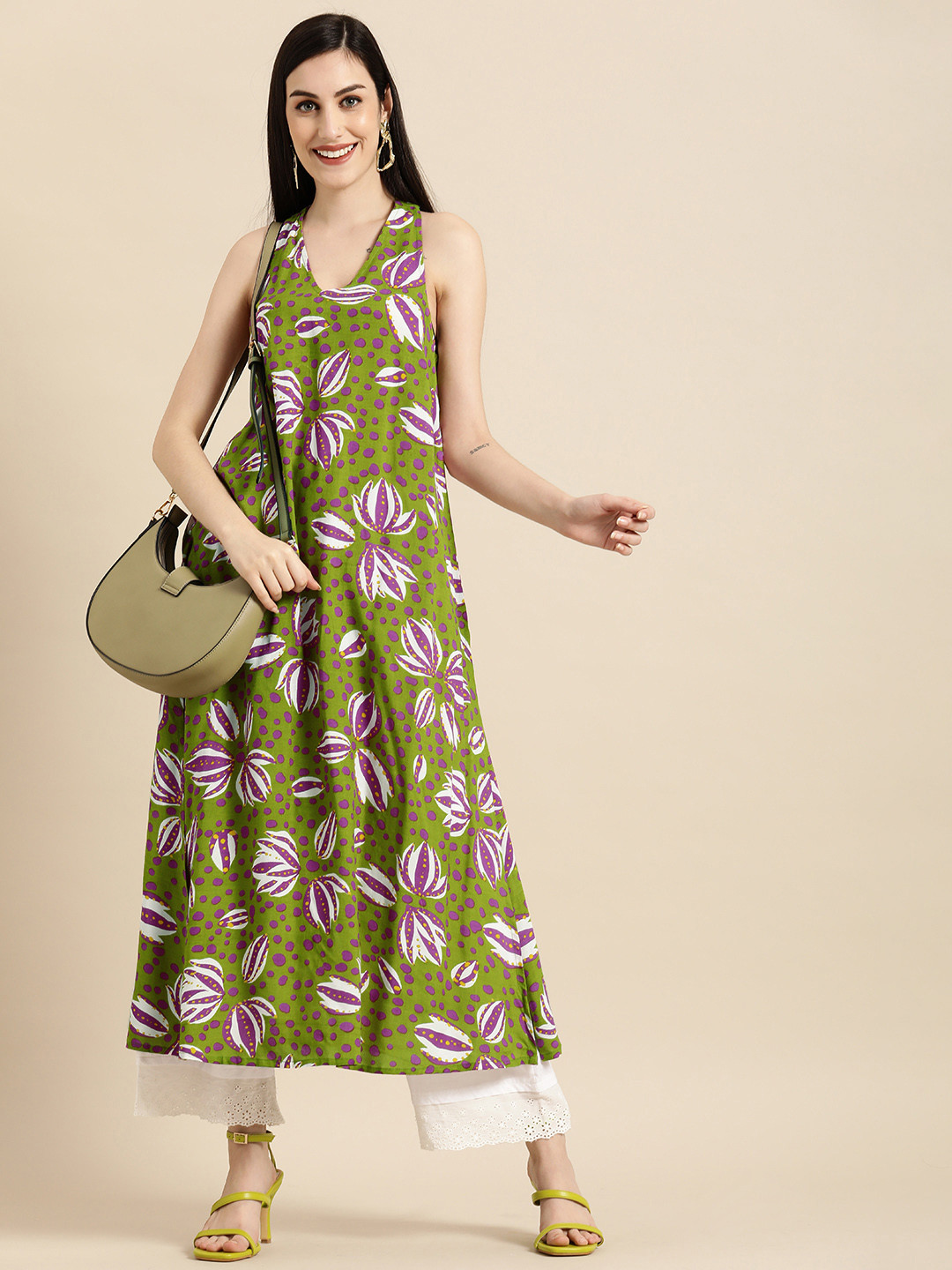 

Anouk Women Olive Green & Purple Floral Printed Kurta With a Styled back