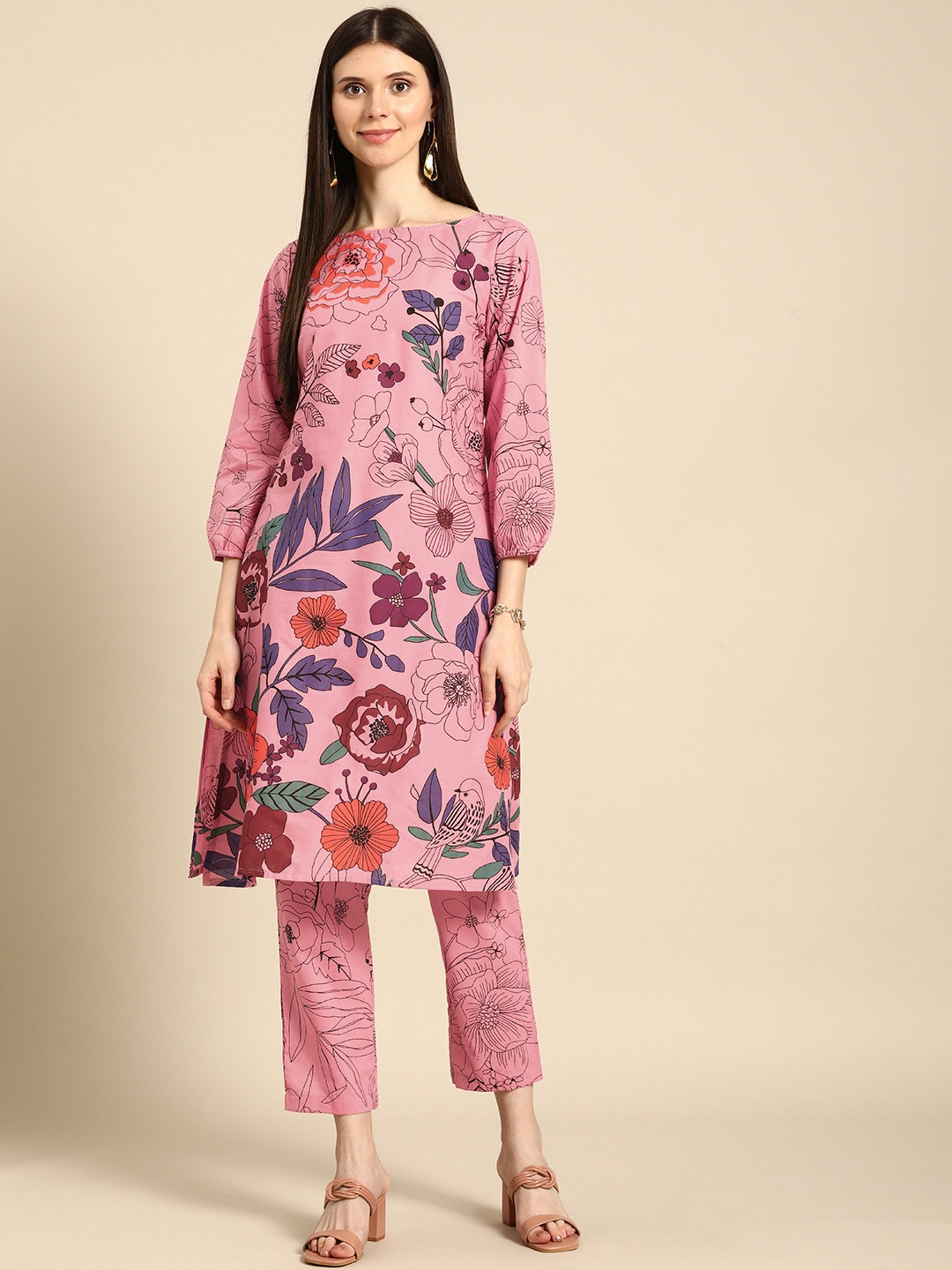 

Anouk Women Pink Tropical Printed Pure Cotton Kurta with Trousers