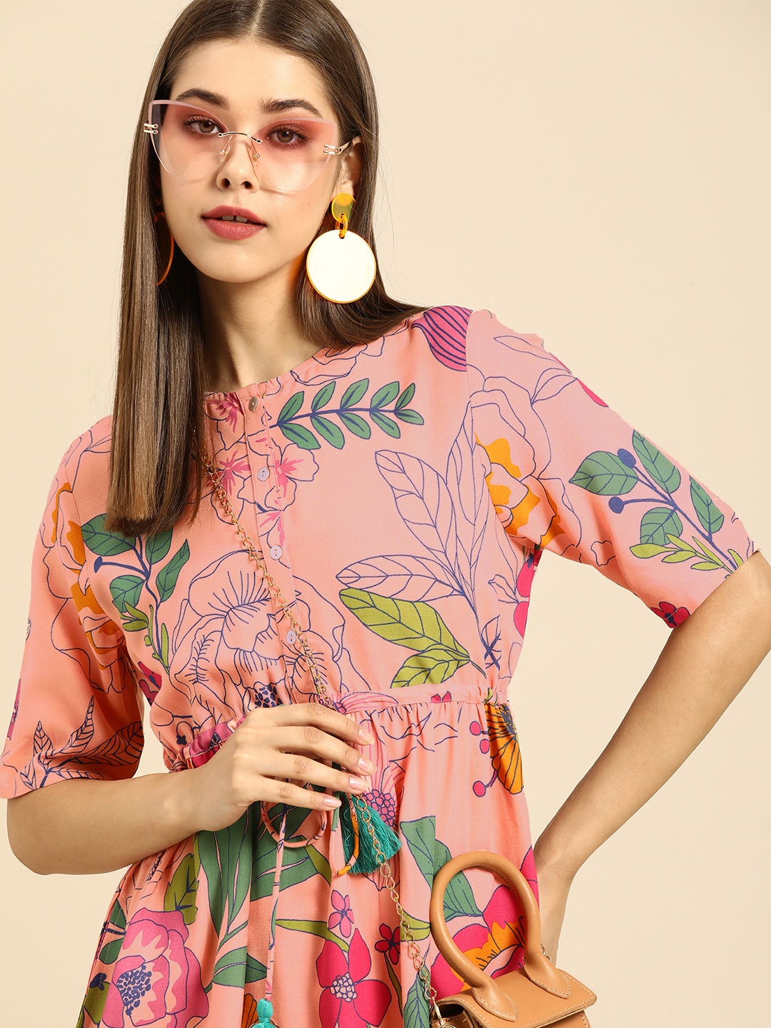 

Anouk Peach-Coloured & Multicoloured Floral Fit And Flare Dress