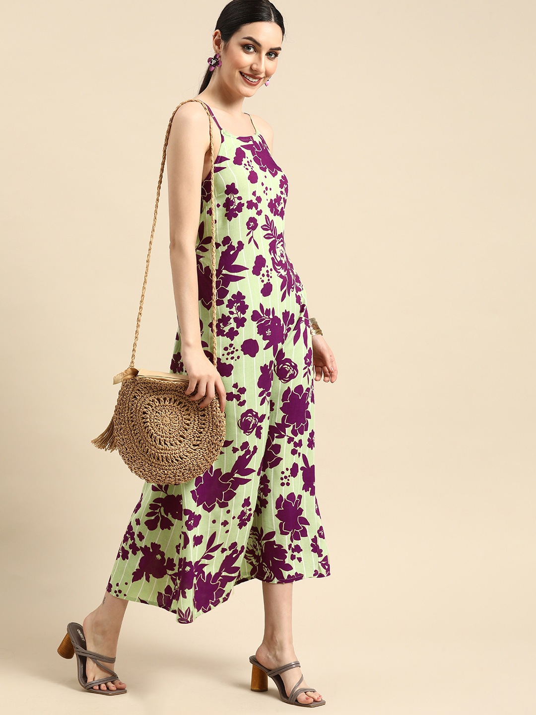 

Anouk Women Green & Purple Floral Printed Maxi Dress