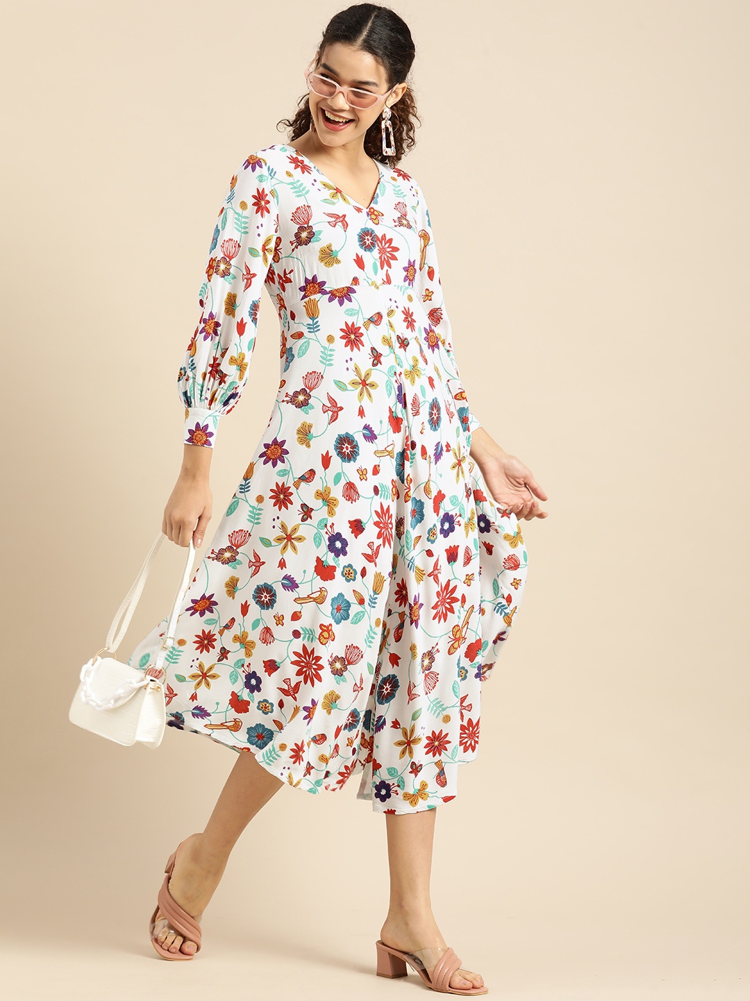

Anouk Women White & Red Floral Printed Fit And Flare Midi Dress