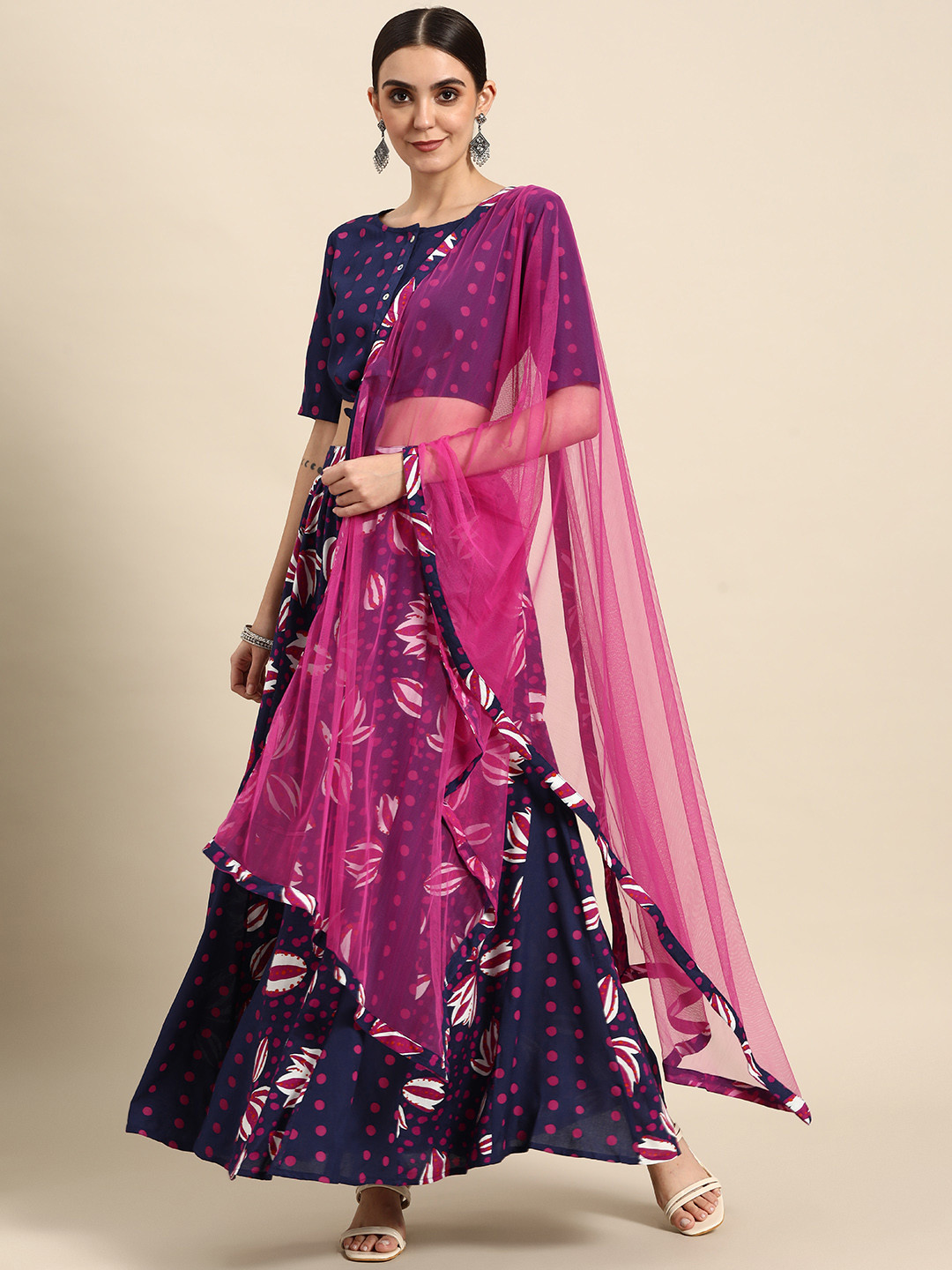 

Anouk Navy Blue & Purple Printed Ready to Wear Lehenga & Blouse With Dupatta
