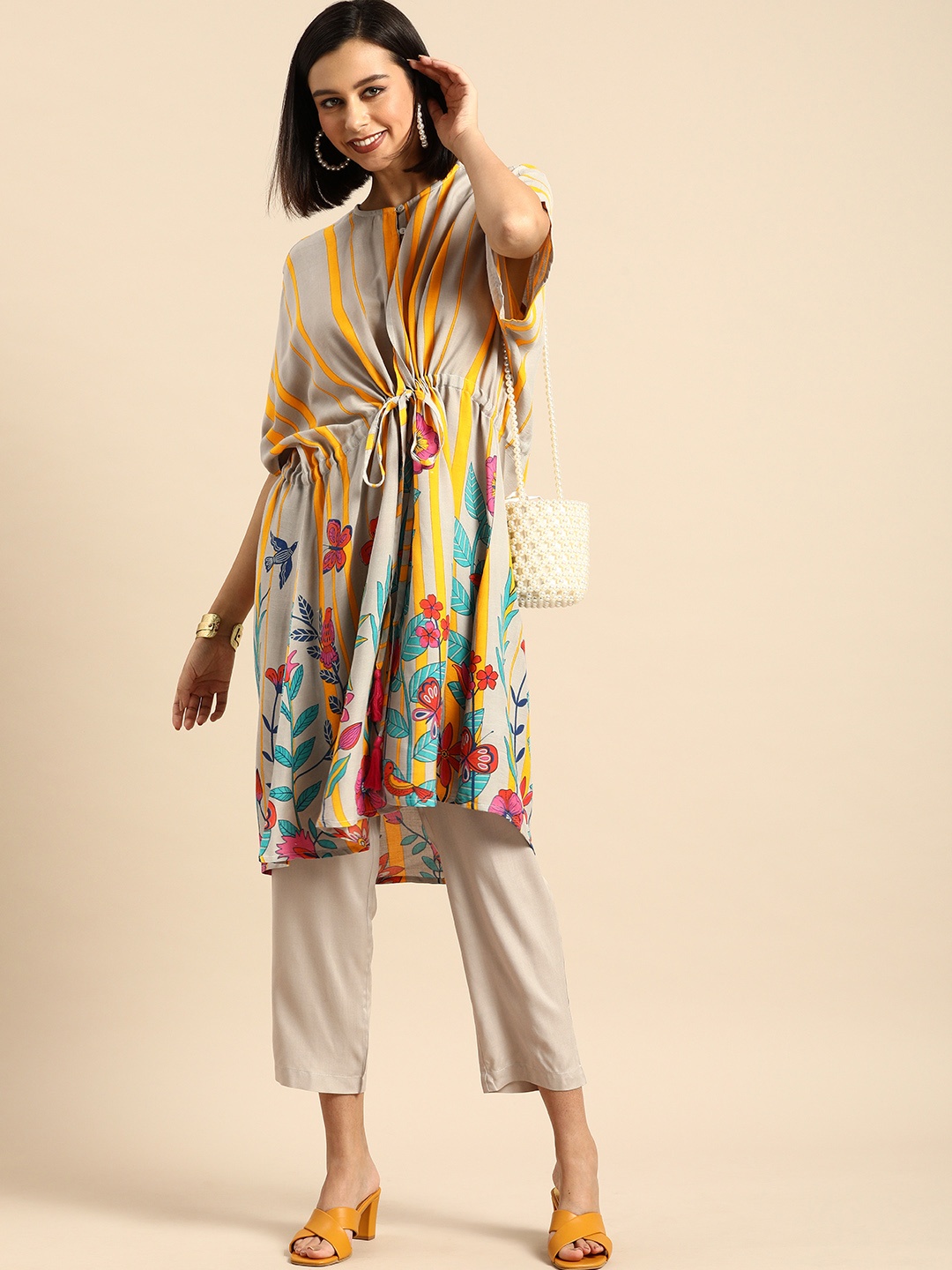 

Anouk Women Grey & Yellow Floral Printed Kurta with Trousers
