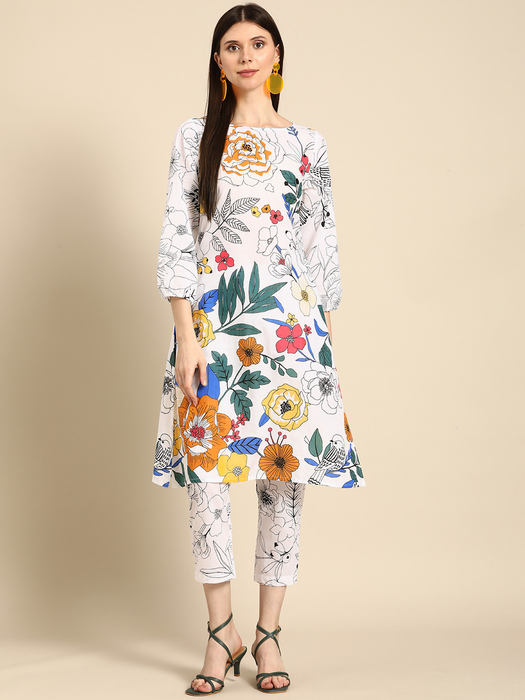 

Anouk Women White And Mustard Tropical Printed Pure Cotton Kurta with Trousers