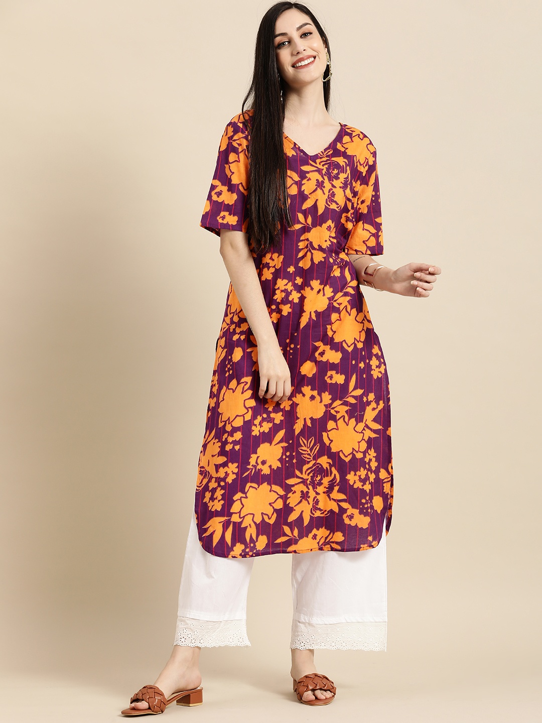 

Anouk Women Purple & Orange Floral Printed Pure Cotton V Neck Kurta
