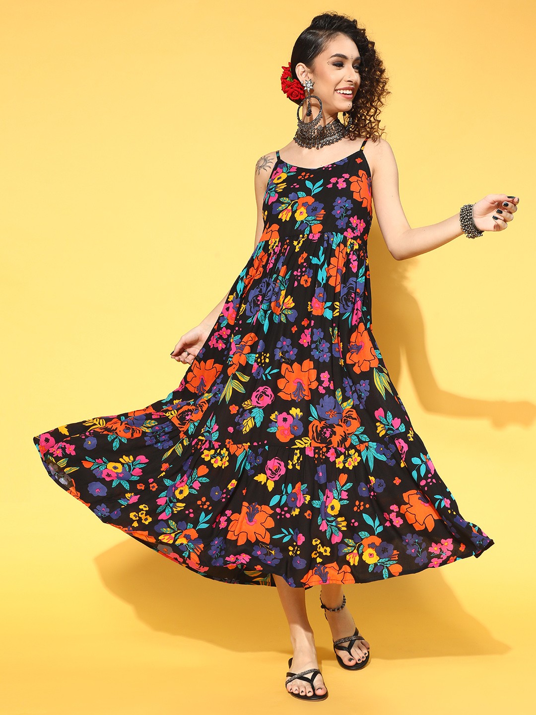 

Anouk Black & Orange Floral A-Line Midi Dress