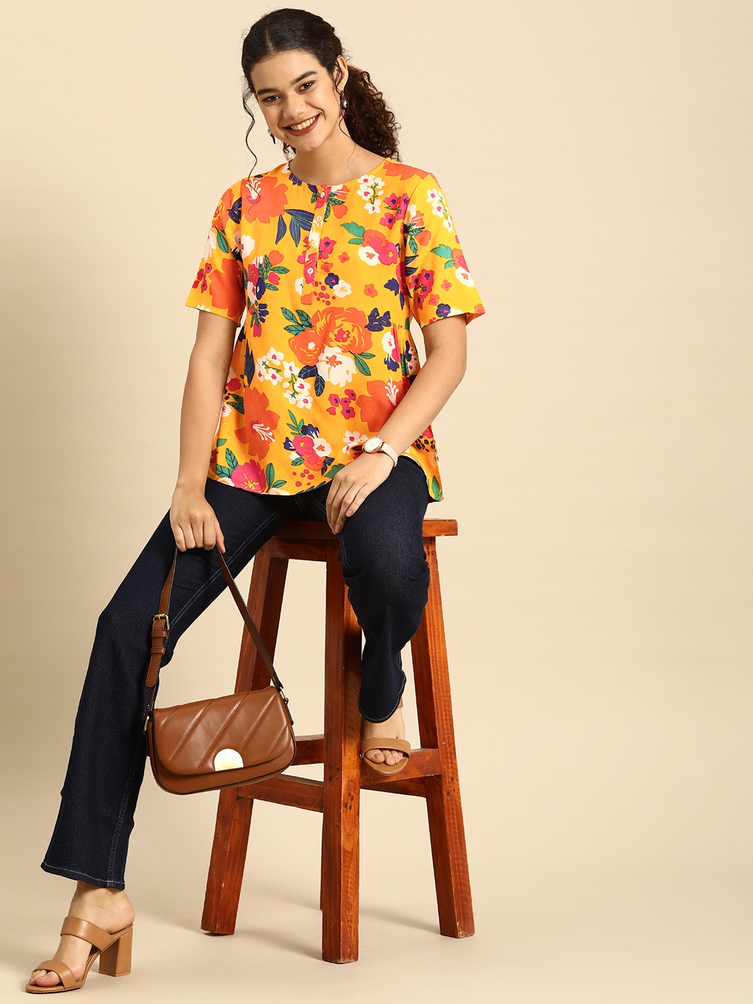 

Anouk Yellow & Multicoloured Floral Print A-Line Top