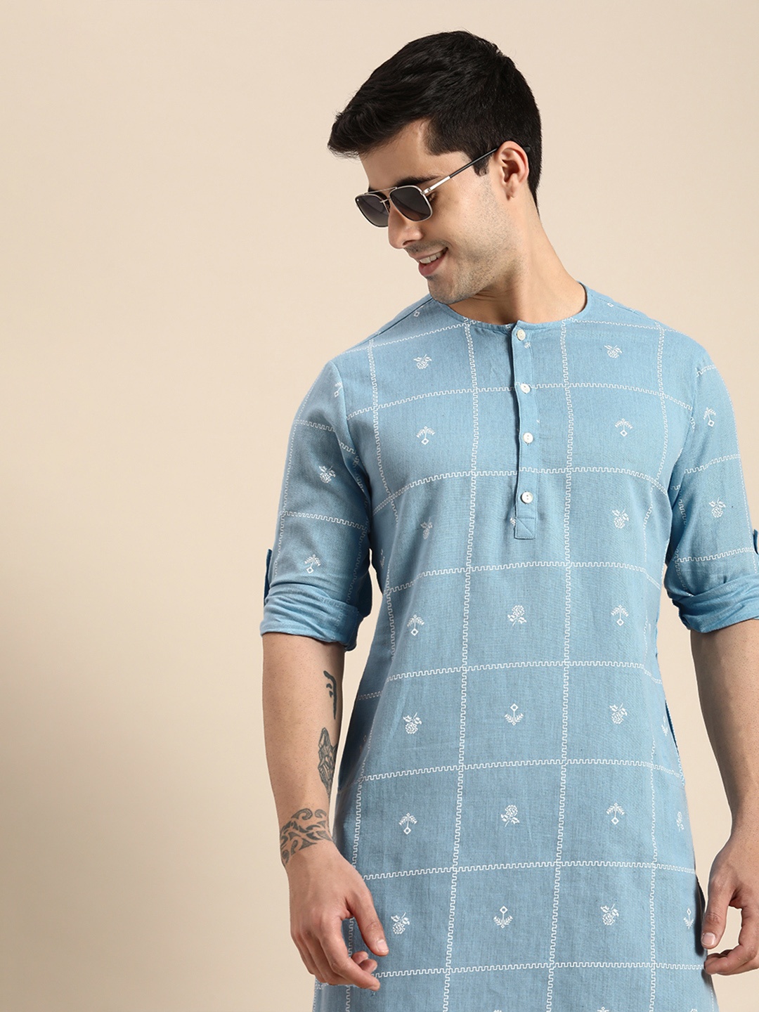 

Anouk Men Sky Blue Checked And Printed Straight Kurta