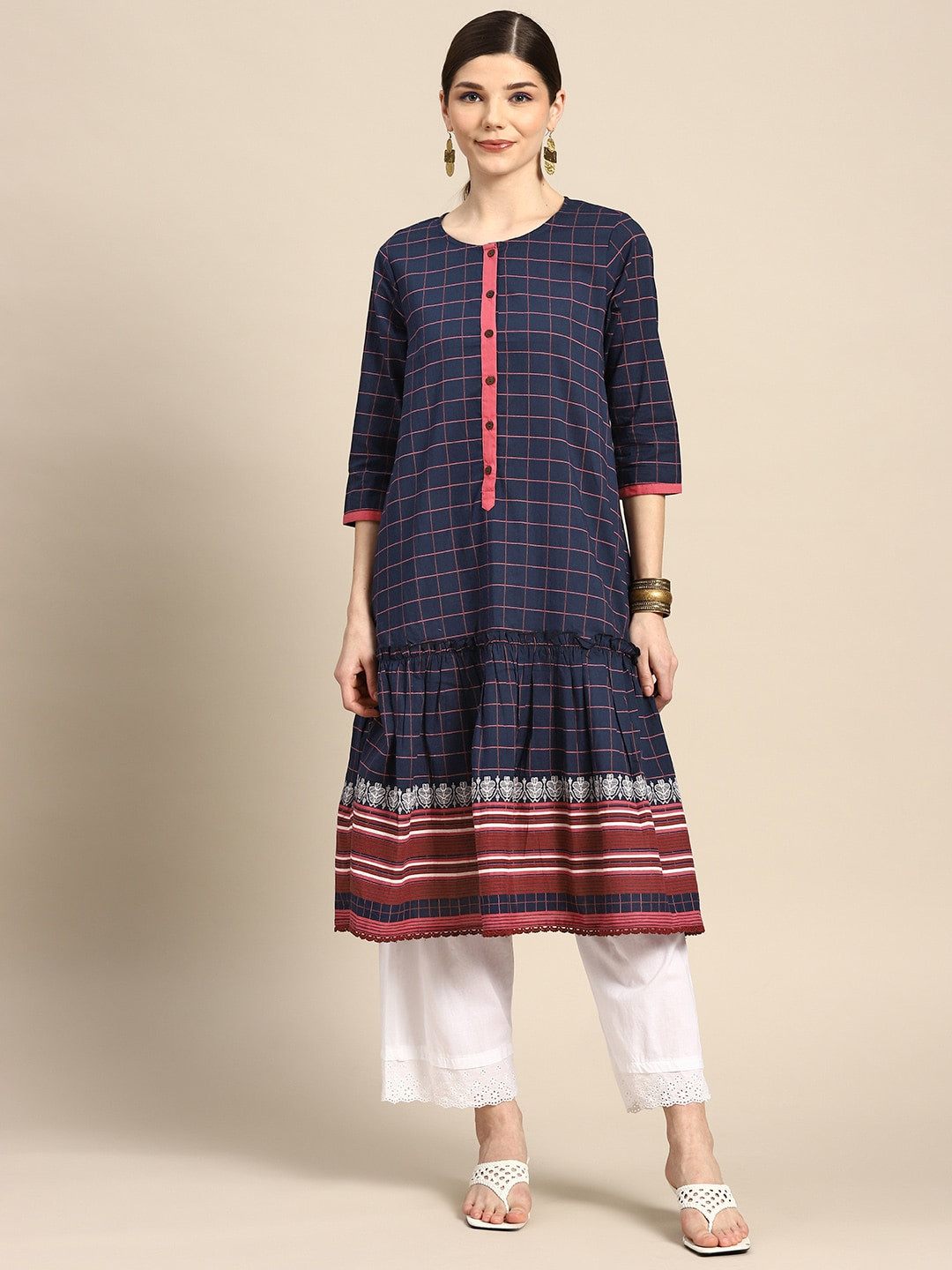 

Anouk Women Navy Blue & Pink Checked A-Line Cotton Kurta