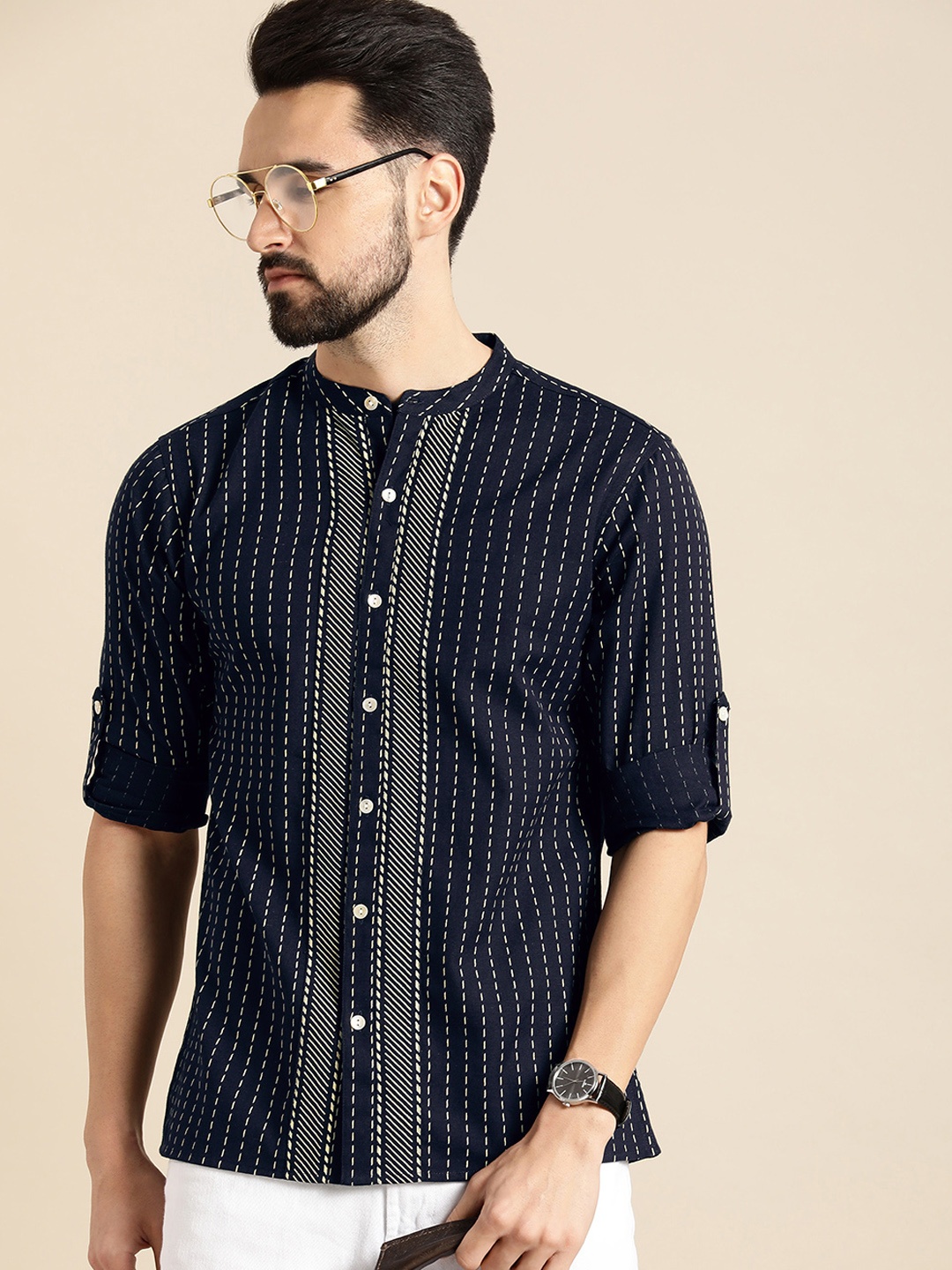 

Anouk Men Navy Blue & White Striped Casual Shirt