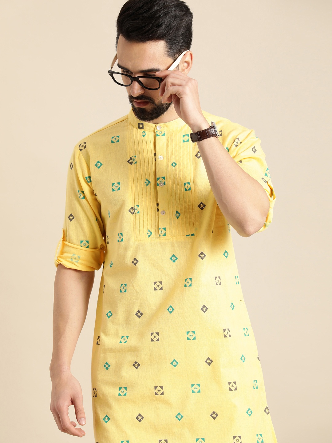 

Anouk Men Yellow & Green Geometric Printed Kurta