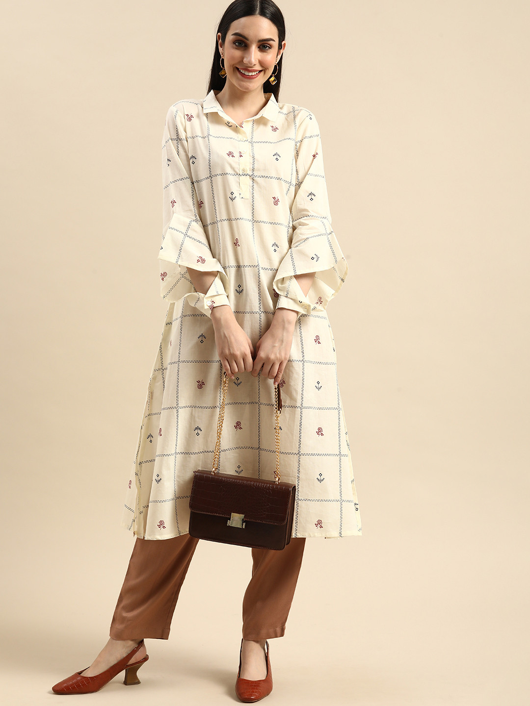 

Anouk Women Off White Checked Flared Sleeves Shirt-Collar Kurta