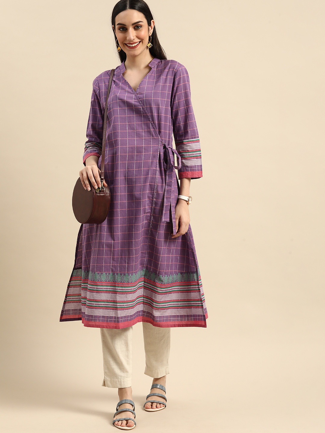 

Anouk Women Purple Checked Mandarin-Collar Wrap Kurta