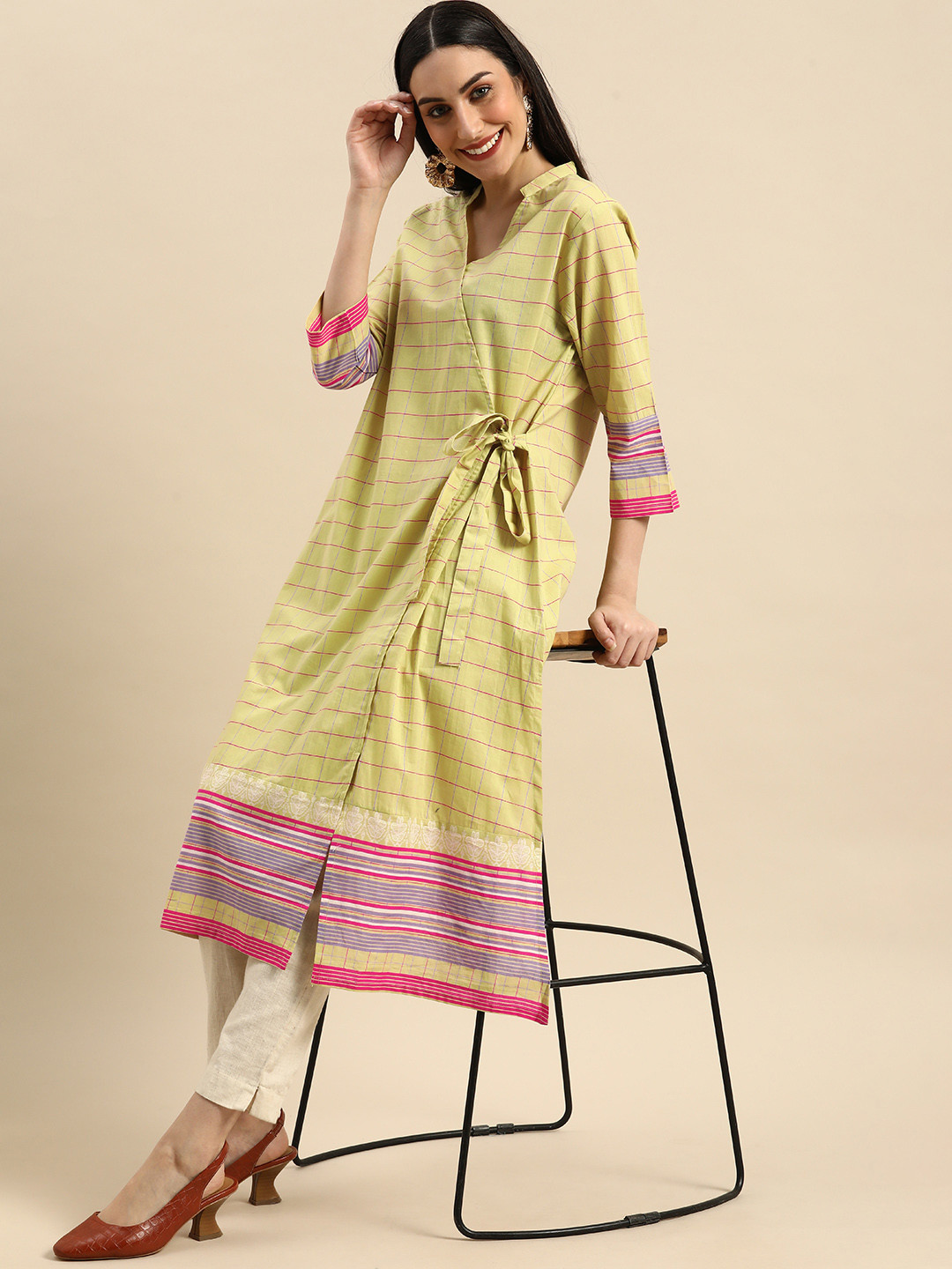 

Anouk Women Light Green Striped Angrakha Kurta