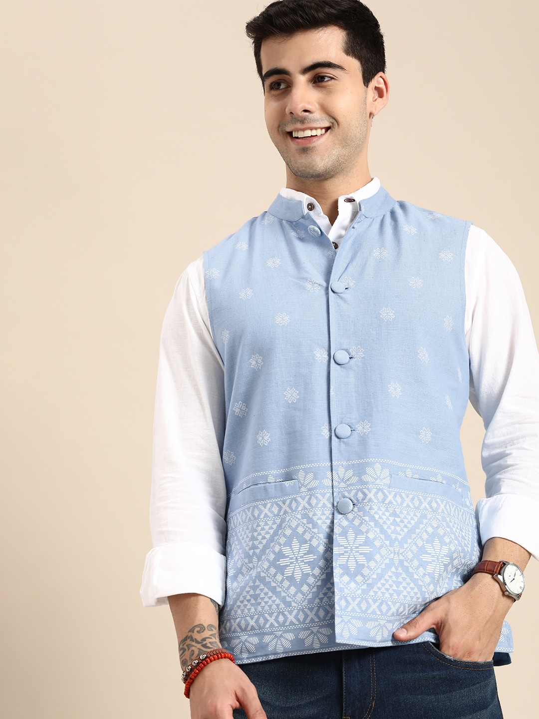 Anouk Men Powder Blue Ethnic Motifs Printed Casual Nehru Jacket