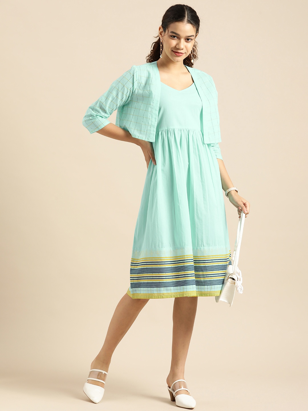 

Anouk Women Light Teal Green Solid Fit And Flared Dress With Checked Jacket