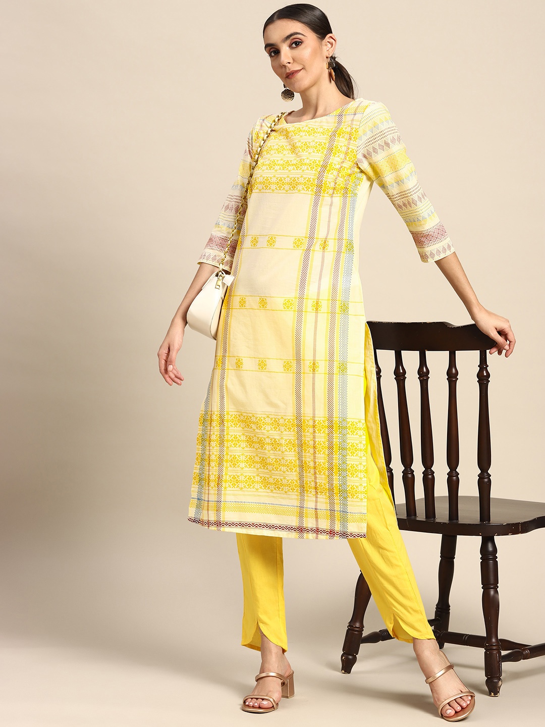 

Anouk Women Off White & Yellow Ethnic Motifs Printed Pure Cotton Kurta with Trousers