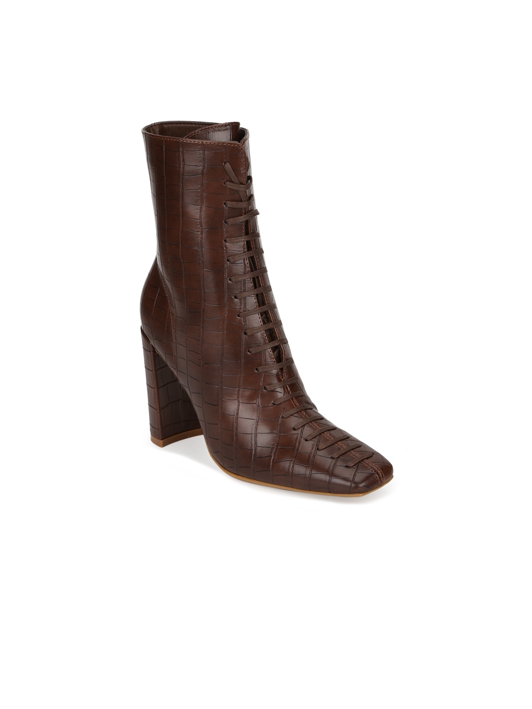 

Truffle Collection Brown Textured PU High-Top Block Heeled Boots