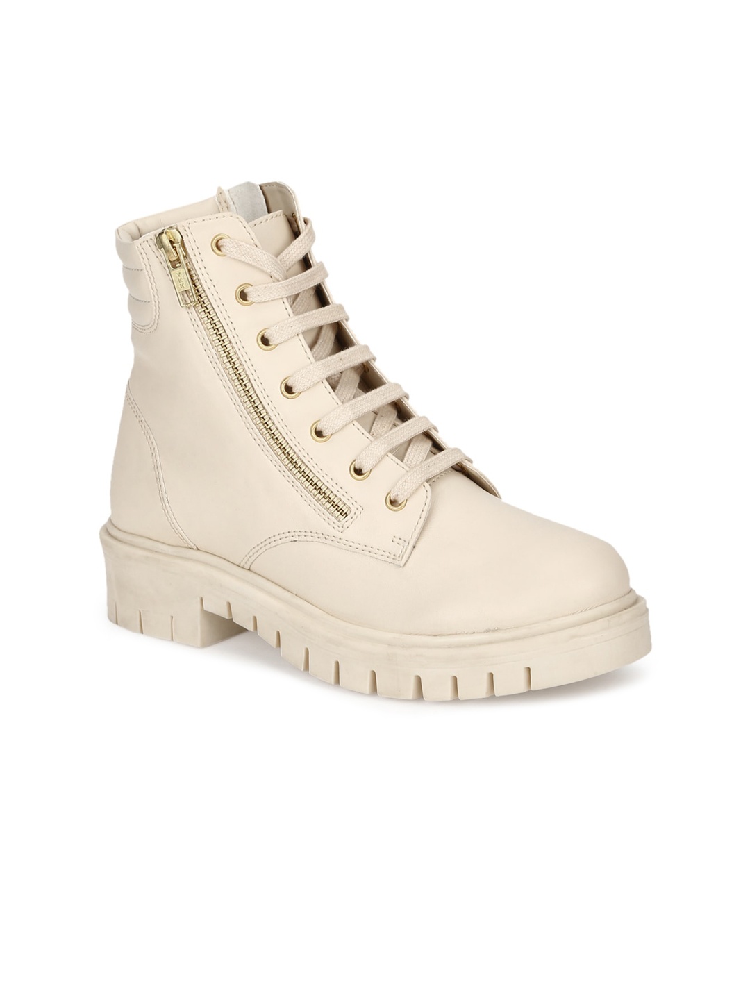 

Truffle Collection Cream-Coloured PU Comfort Heeled Boots