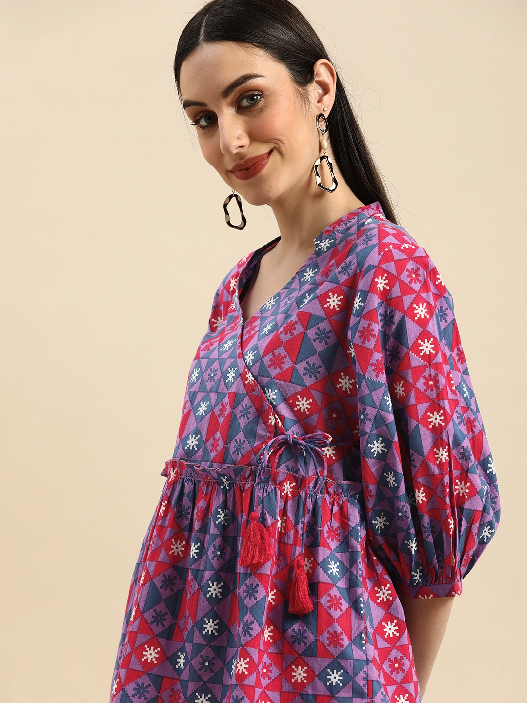 

Anouk Purple & Pink Geometric Print Gathered Pure Cotton Wrap Top