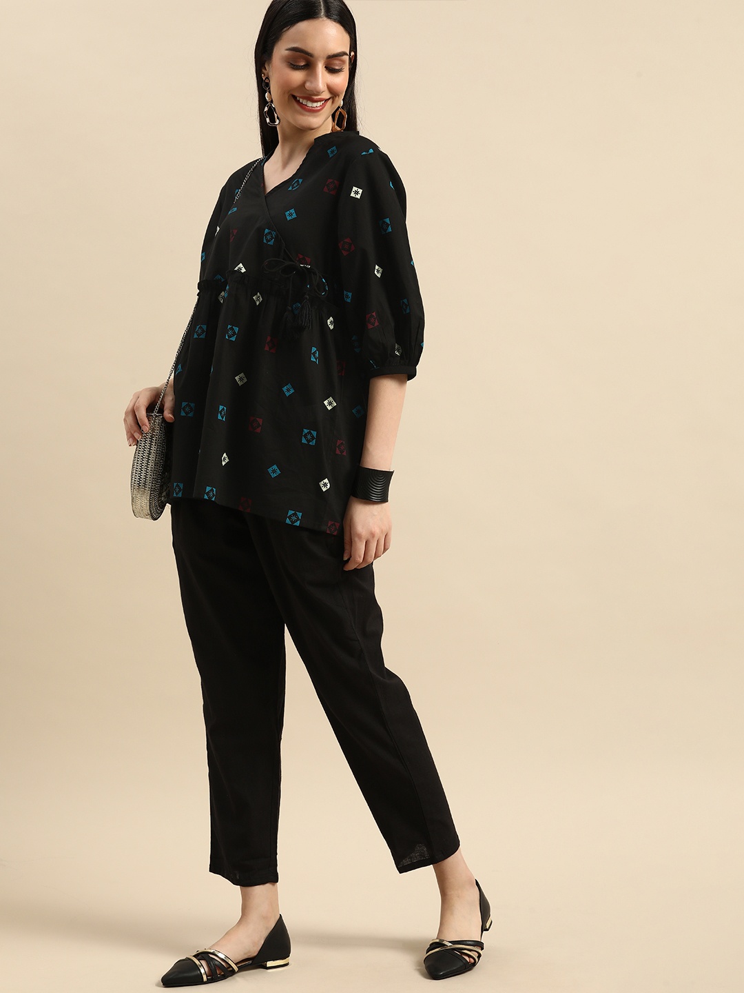 

Anouk Black Geometric Print Angrakha Longline Top
