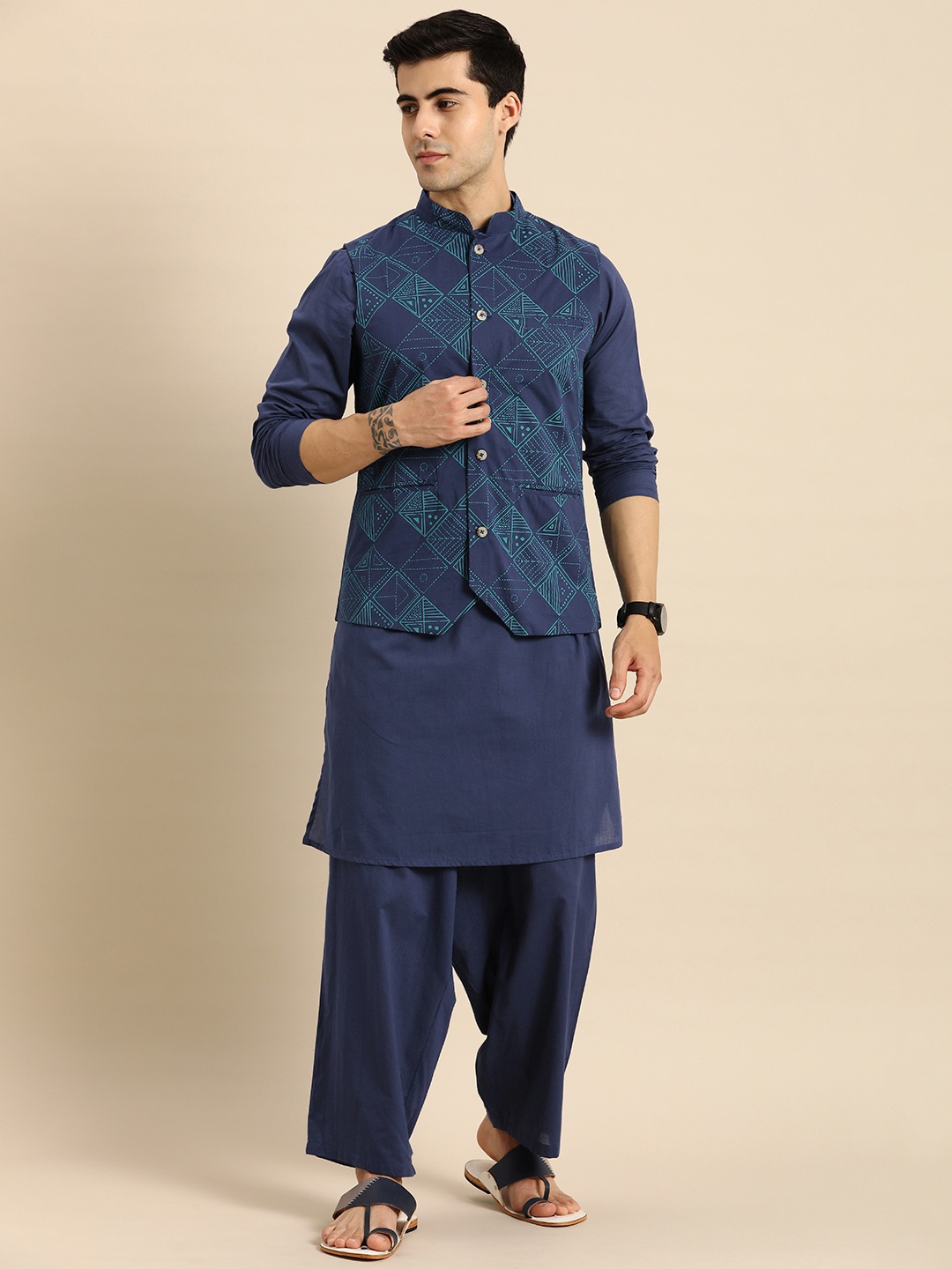 

Anouk Men Navy Blue Pure Cotton Kurta with Trousers & Printed Nehru Jacket