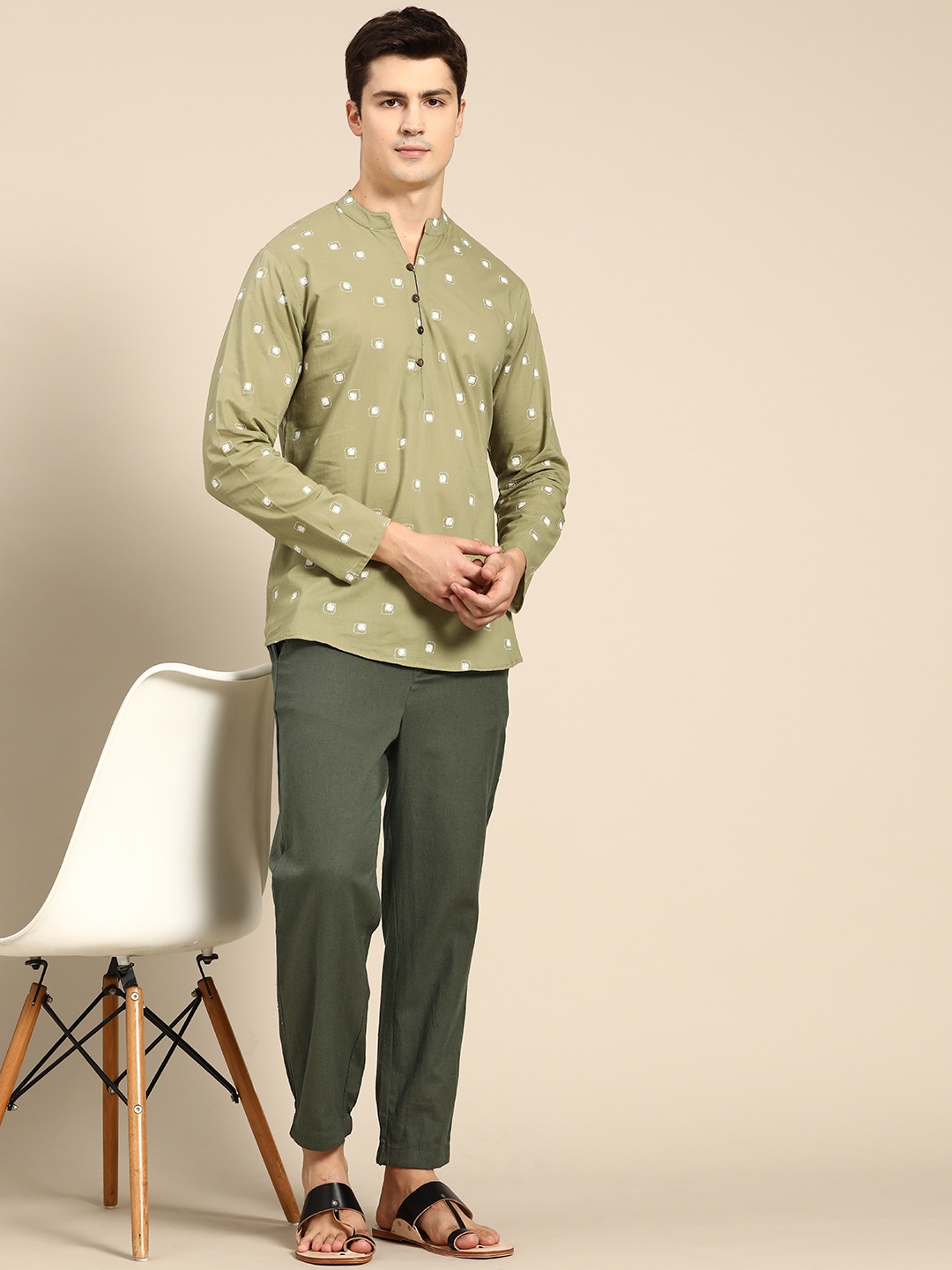 

Anouk Men Olive Green Printed Pure Cotton Kurta with Pyjamas