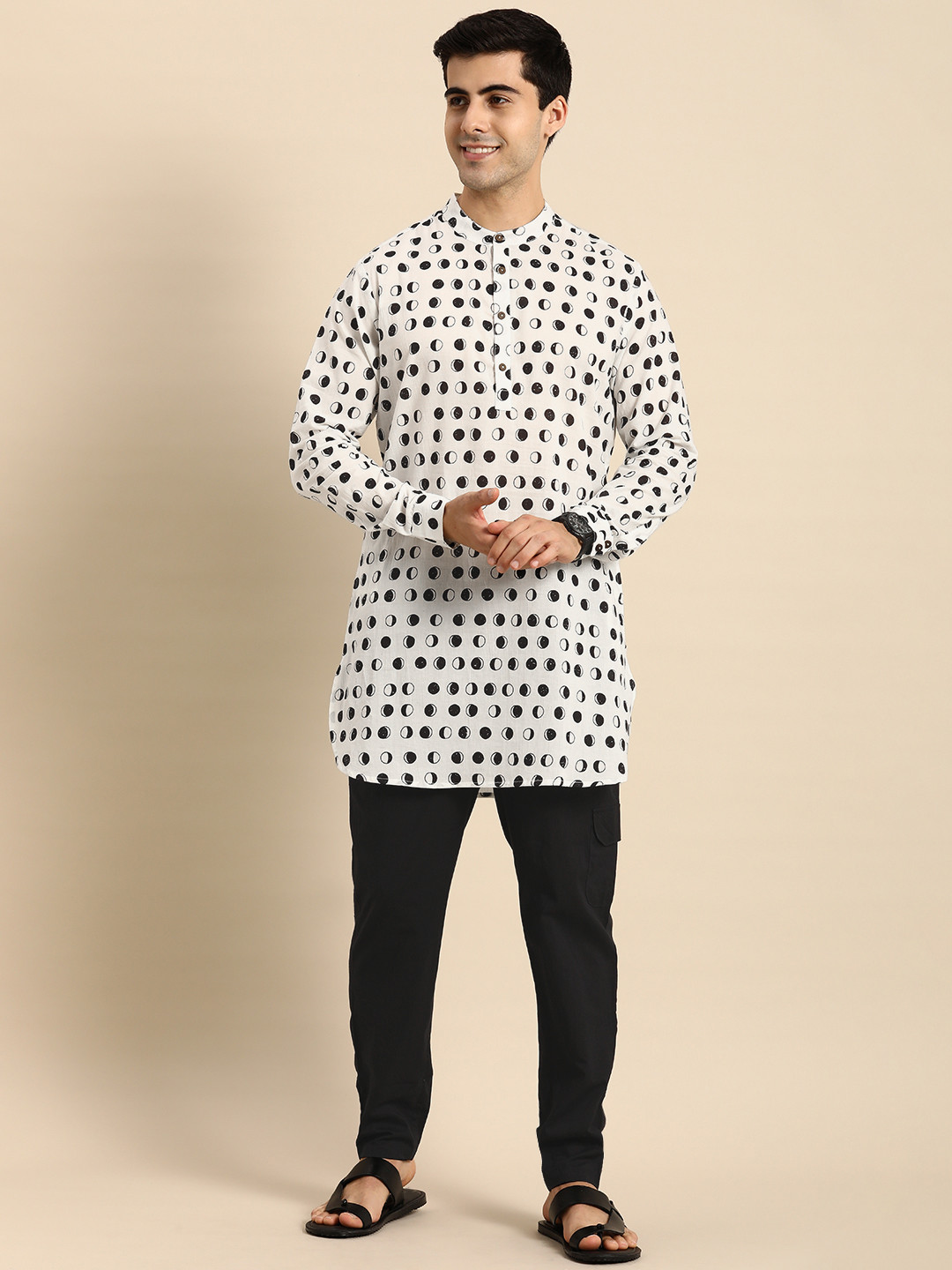 

Anouk Men White & Black Printed Pure Cotton Kurta with Trousers
