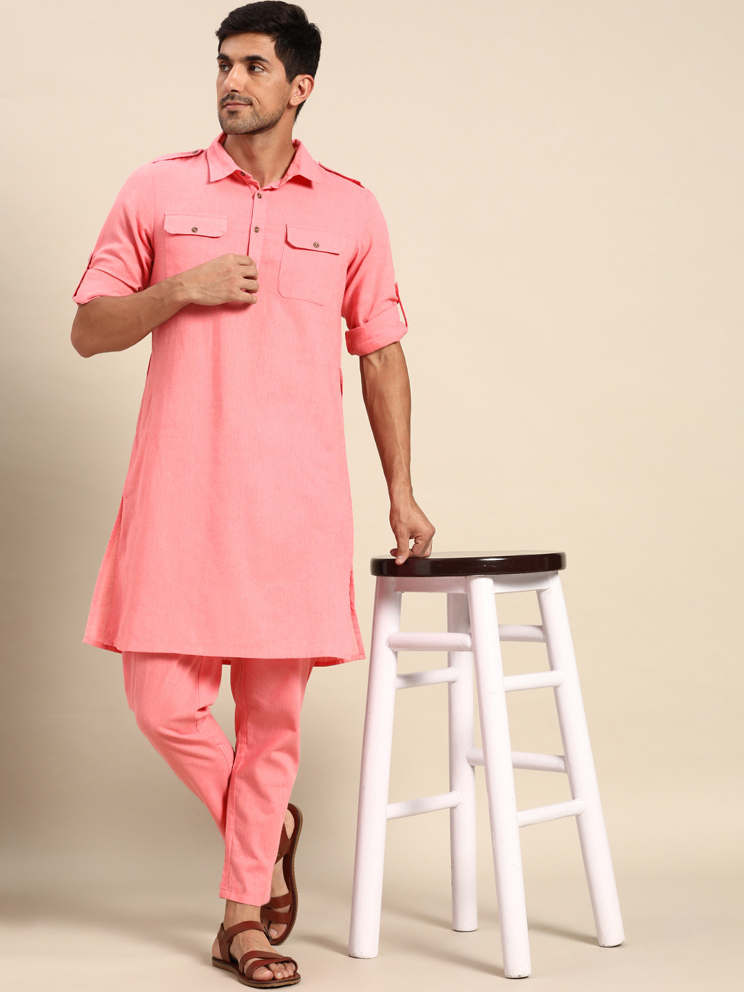 

Anouk Men Pink Solid Pathani Kurta with Trousers