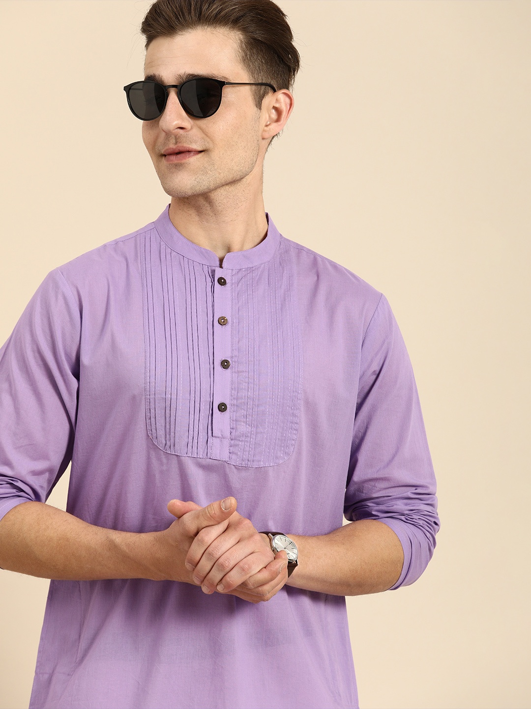 

Anouk Men Lavender Yoke Design Mandarian Collar Pure Cotton Kurta