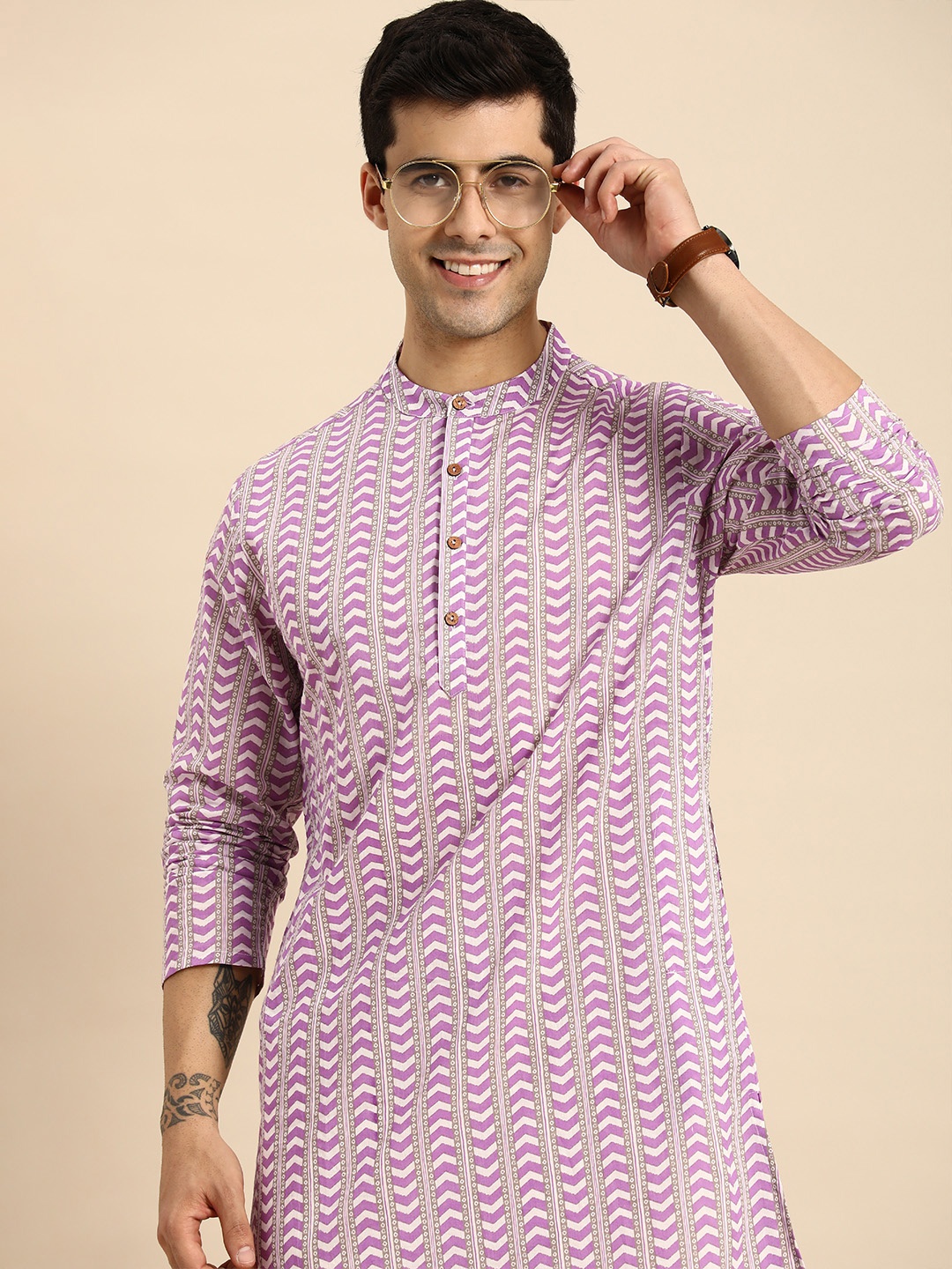 

Anouk Men Off White & Purple Printed Pure Cotton Straight Kurta