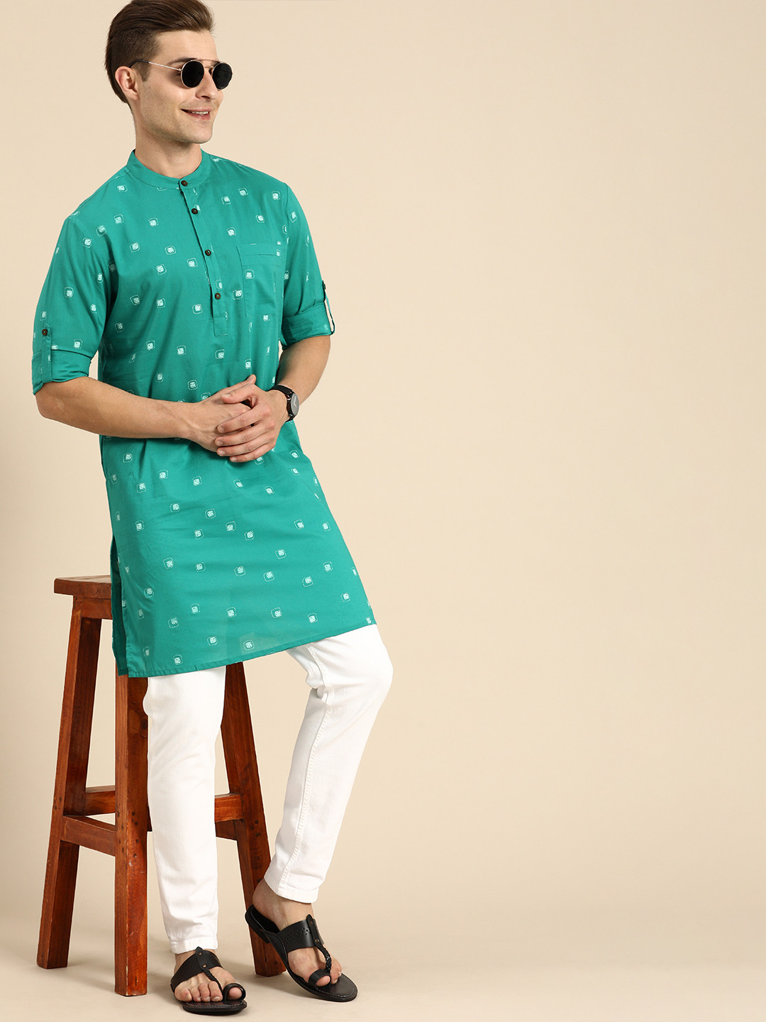

Anouk Men Green & White Ethnic Motifs Printed Pure Cotton Roll Up SleevesKurta