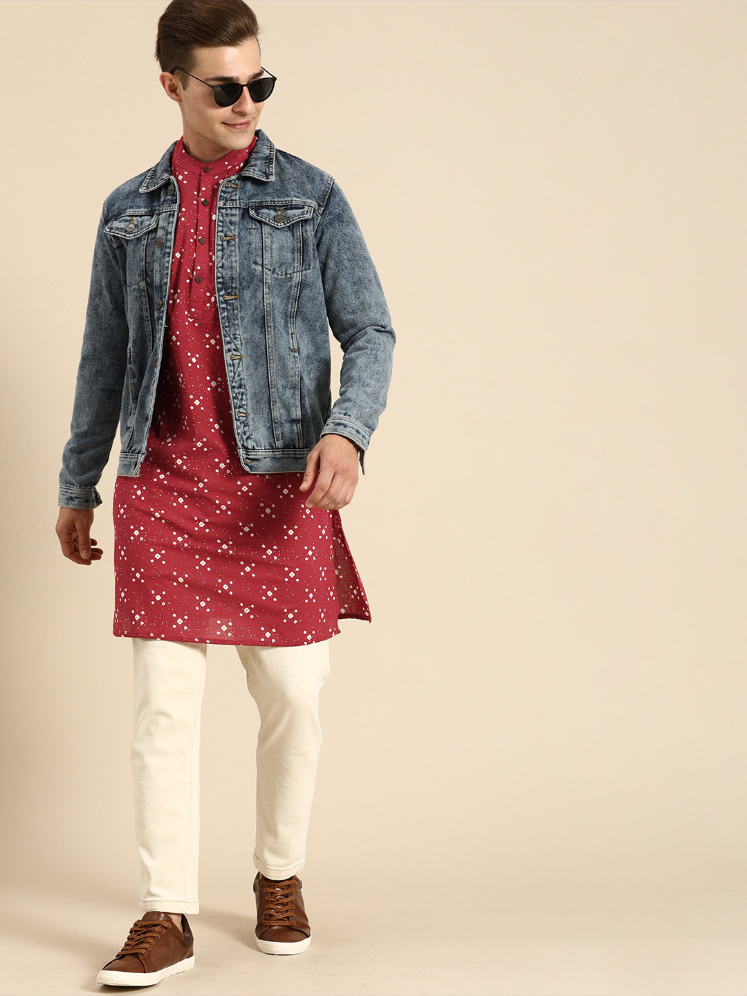 

Anouk Men Red & White Ethnic Motifs Printed Pure Cotton Mandarian Collar Kurta