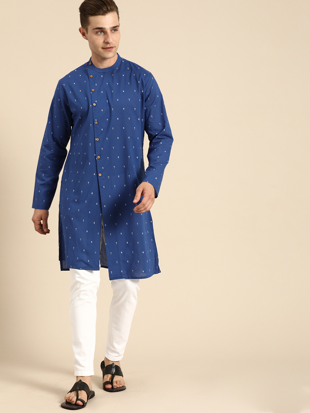 

Anouk Men Blue & White Ethnic Motifs Printed Pure Cotton Mandarian collar Kurta