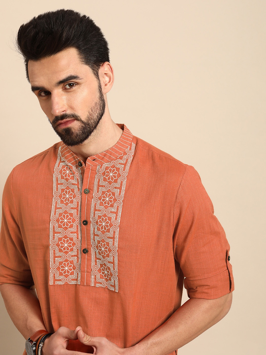 

Anouk Men Rust Orange & White Embroidered Kurta