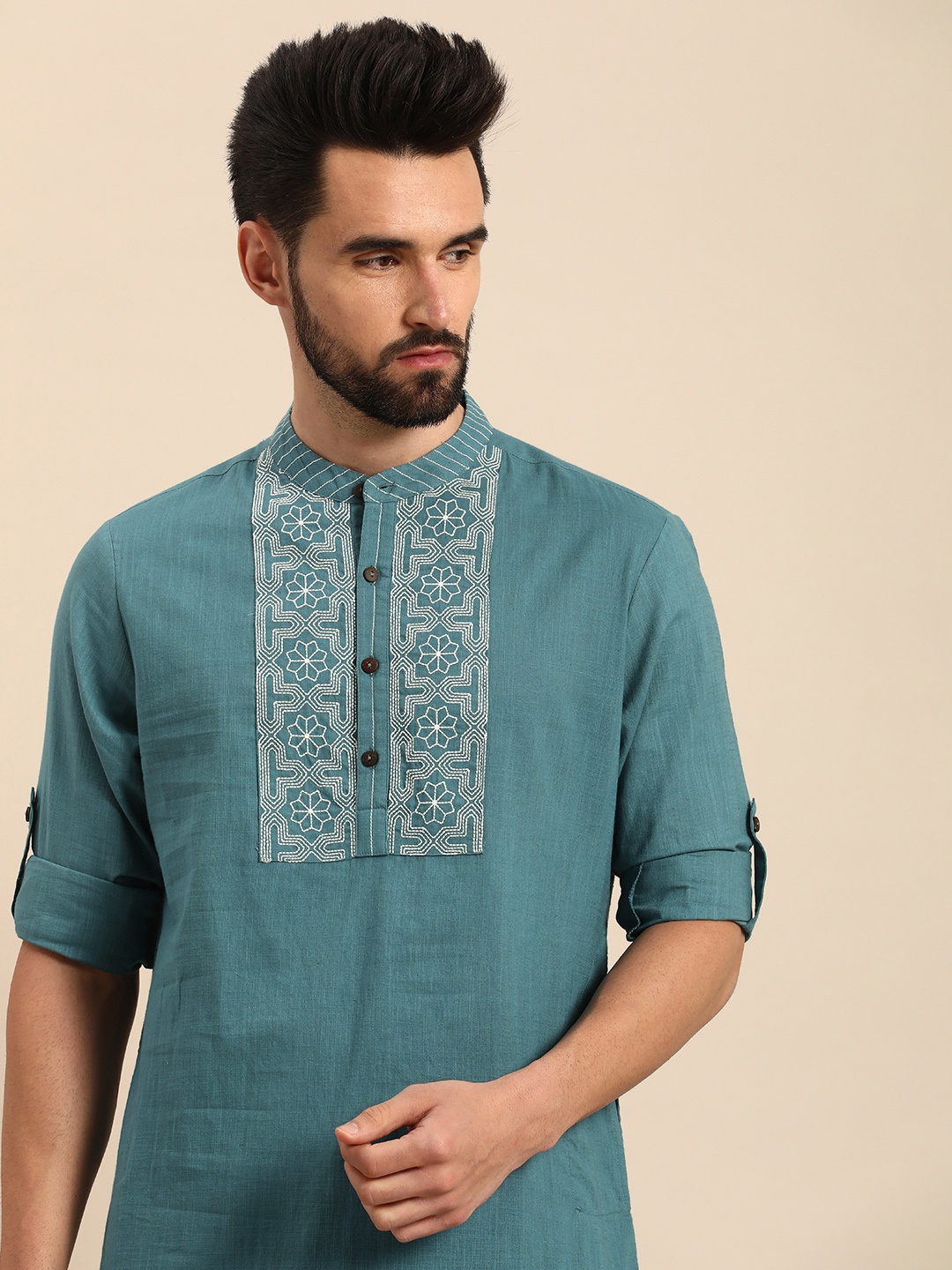 

Anouk Men Teal Blue & White Embroidered Kurta