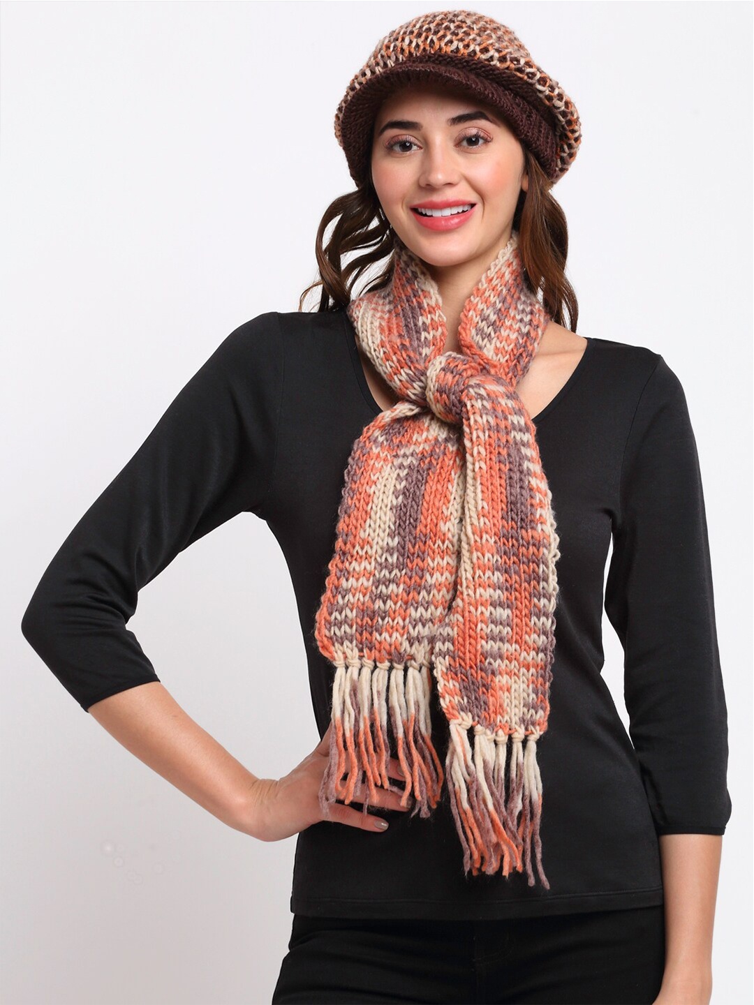 

LOOM LEGACY Women Brown & Black Acrylic Wool Ascot Cap With Muffler