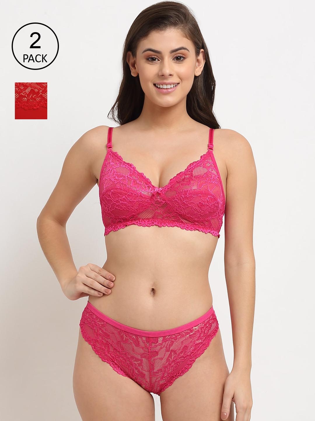 

Friskers Women Red & Pink Pack of 2 Non Padded Lace Lingerie Set 2O-305-03-310-07-30