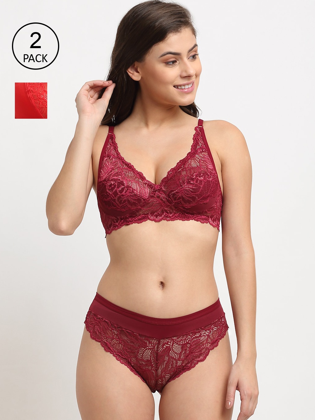 

Friskers Pack Of 2 Maroon & Red Non Padded Lingerie Sets