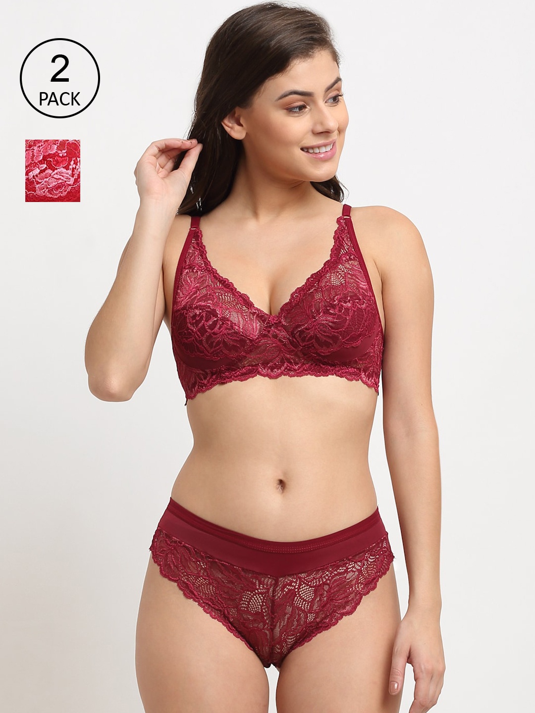 

Friskers Women Pack of 2 Red & Maroon Non padded Lingerie set-2O-308-03-308-38-30