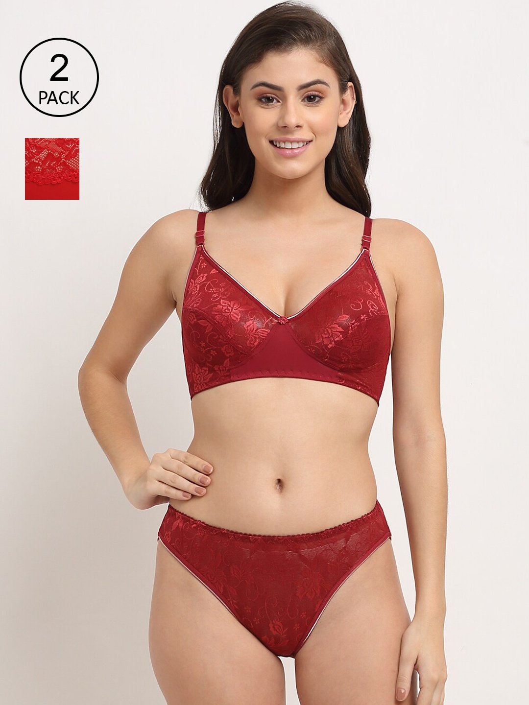 

Friskers Pack Of 2 Red & Maroon Non Padded Lingerie Sets