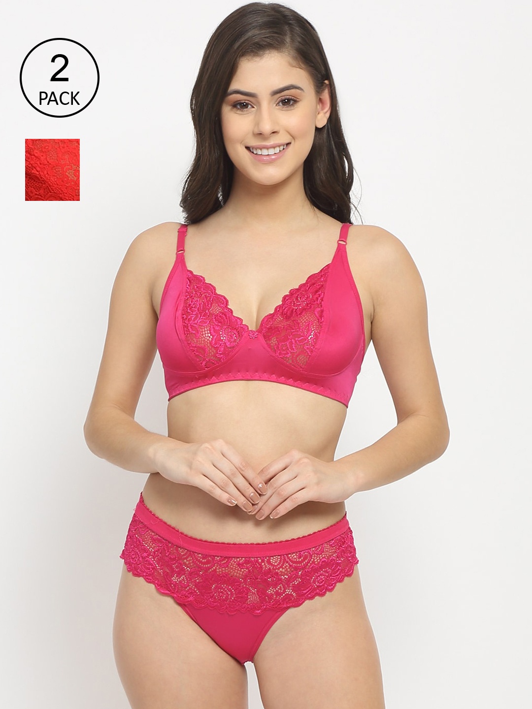 

Friskers Women Set of 2 Pink & Red Non padded Lingerie set
