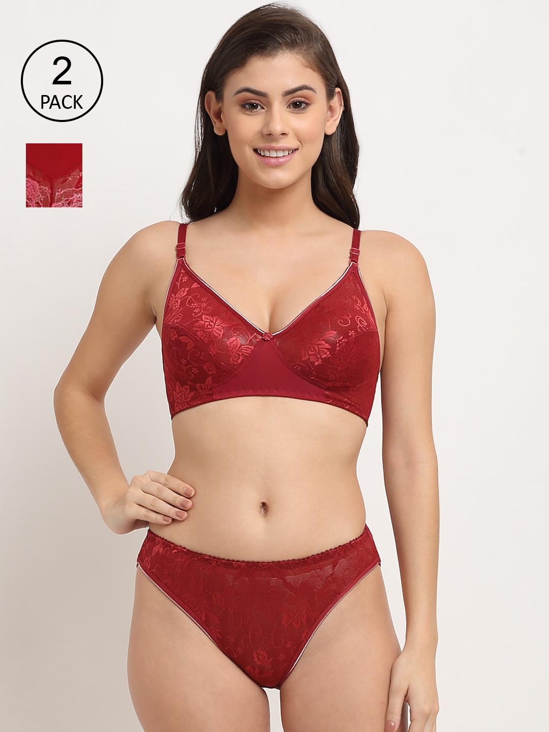 

Friskers Maroon & Red Pack Of 2 Non Padded Lingerie Set