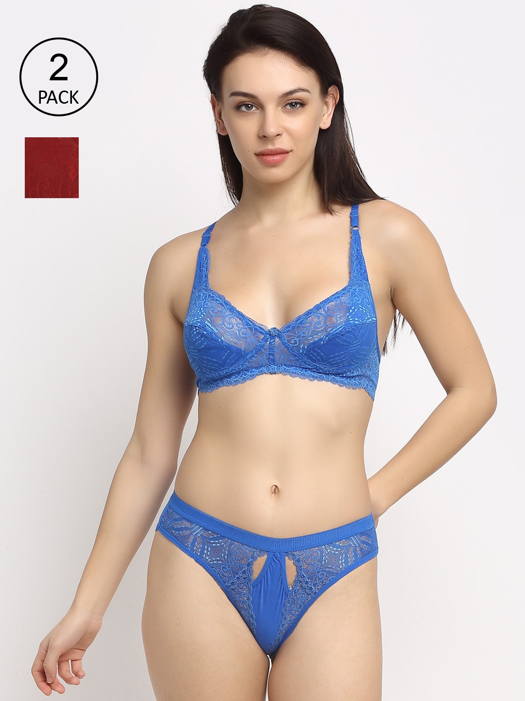 

Friskers Women Maroon & Blue Pack of 2 Non Padded Lace Lingerie Set 2O-304-14-306-05-30