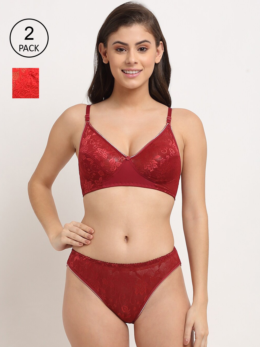 

Friskers Pack Of 2 Red & Maroon Non Padded Lingerie Sets