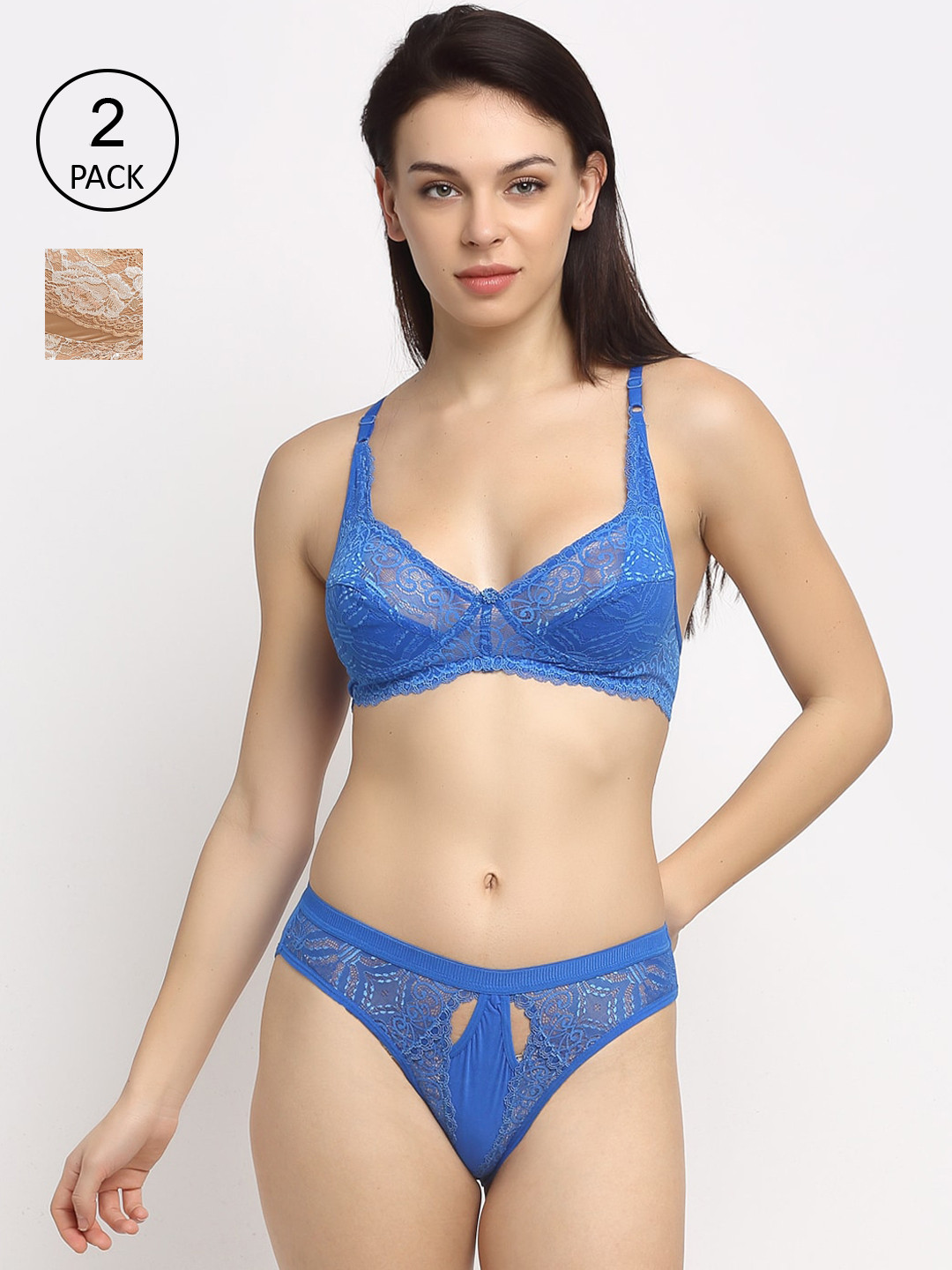 

Friskers Blue & Beige Pack Of 2 Non Padded Lingerie Set