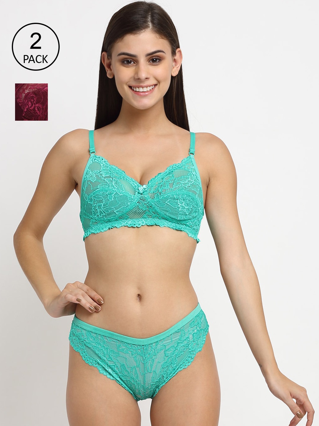 

Friskers Maroon & Green Pack Of 2 Non Padded Lingerie Set